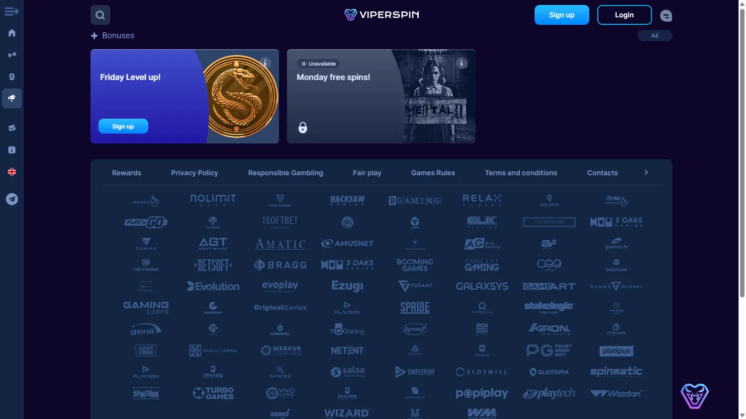 Viperspin Casino bonus terms on desktop